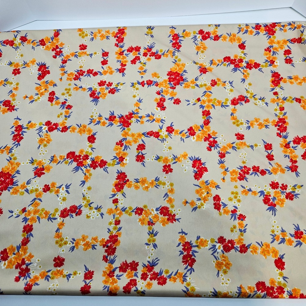 Vintage Floral Polyester Knit Fabric Tan Red Orange‎ Yellow Retro Boho 2+ Yards